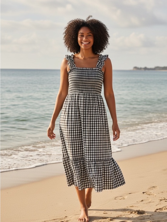 PrettyGarden Dresses & Skirts - Black & White Gingham Ruffle Strap Midi Dress - Smocked Bodice
